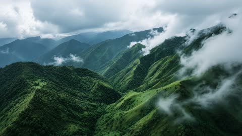 Mist drifting through green mountains