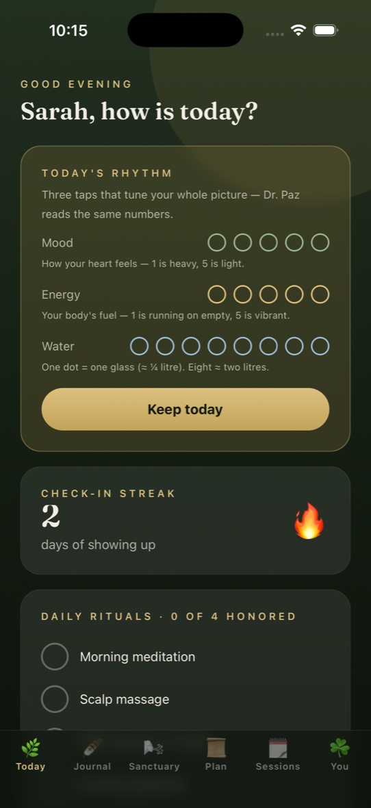 The Vital Flow companion app on a phone, showing the day's journey and program progress